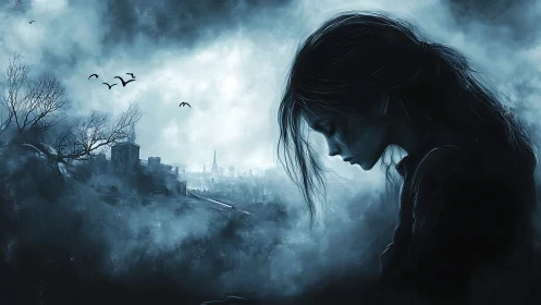 Solitary woman overlooks ruined city through cold blue haze