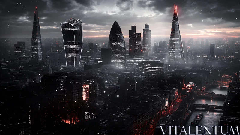 Noir-styled London skyline under stormy clouds and selective neon lighting