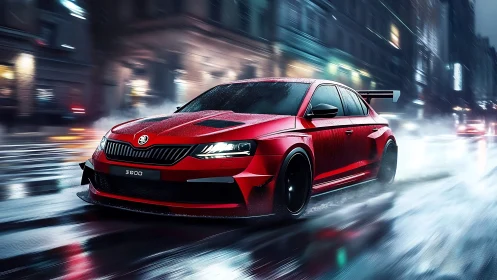 Red sports car powers through neon city streets at night