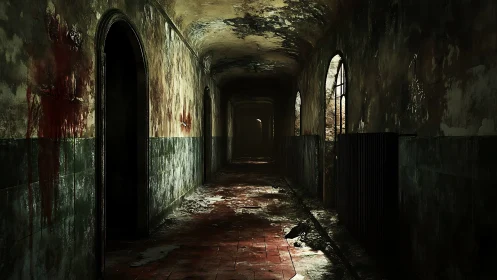 Long decayed corridor with stained walls and broken floor