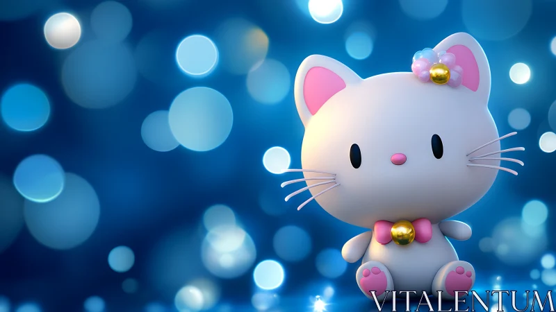 3D chibi cat figurine with bokeh-lit blue background focus.
