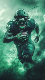 Dynamic green running back in atmospheric digital composite