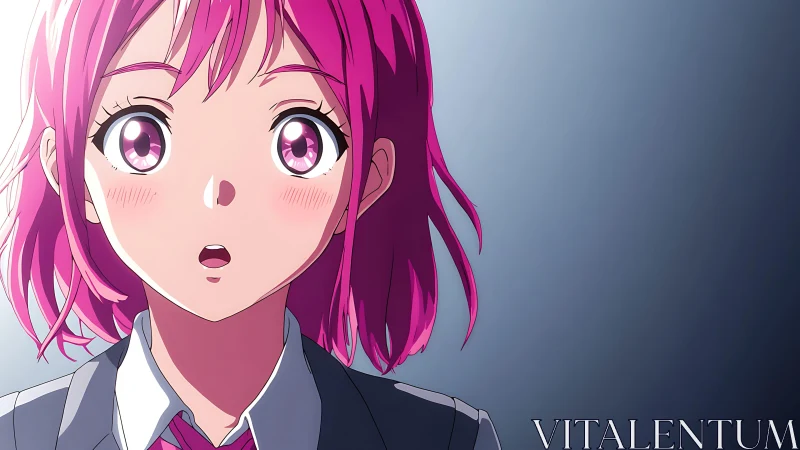 Pink haired anime student in uniform against gradient background.