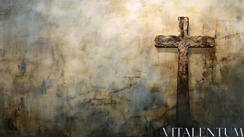 Textured stone cross on weathered wall with chiaroscuro lighting.