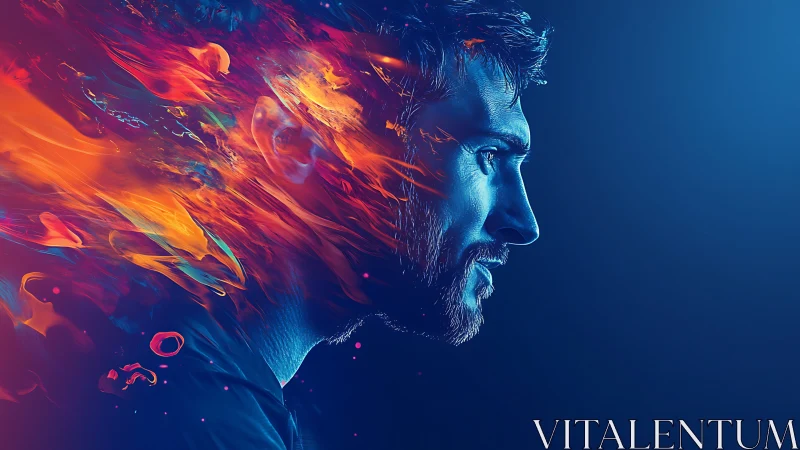 Neon-lit male profile merges with dynamic, flame-like color streams