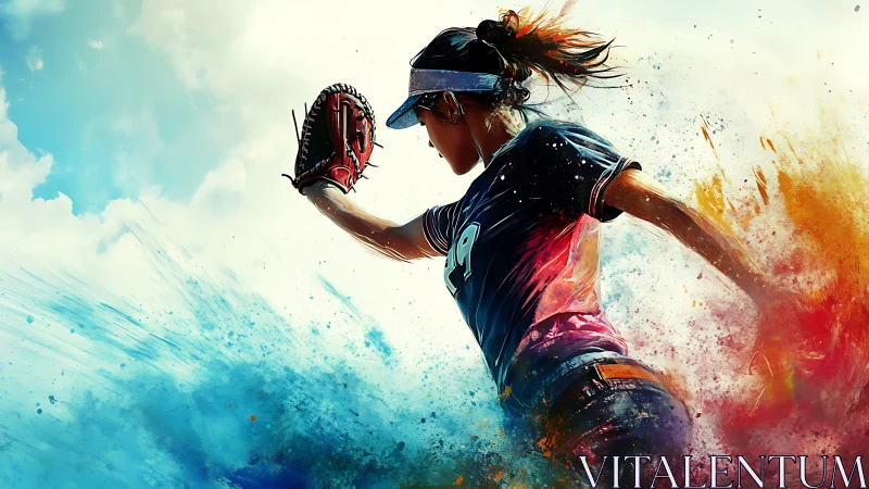 Kinetic digital painting of softball catcher in chromatic motion.