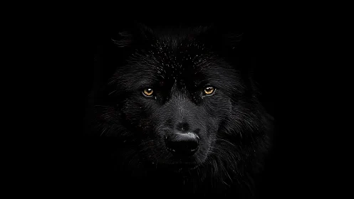 Black wolf face emerges from deep black background