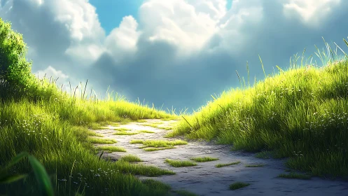 Sunlit meadow path under billowing midday cumulus clouds.