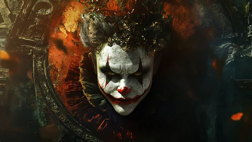 Digital painting of sinister clown within burning baroque frame.