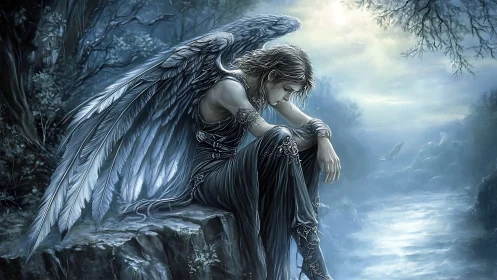 Melancholic angel rests by a misty river in moonlit forest