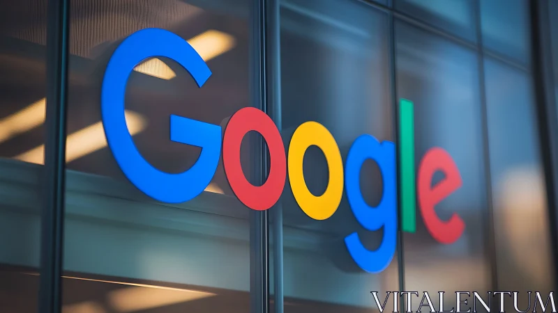Google corporate logo is mounted on exterior glass facade