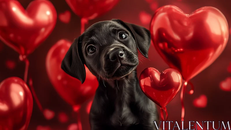 Black Labrador Portrait with Dimensional Red Heart-Shaped Balloons and Atmospheric Rendering