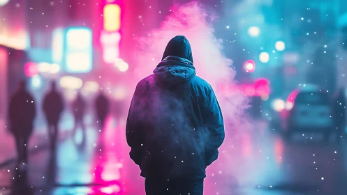 Hooded figure in neon fog on rainy cyberpunk city street.