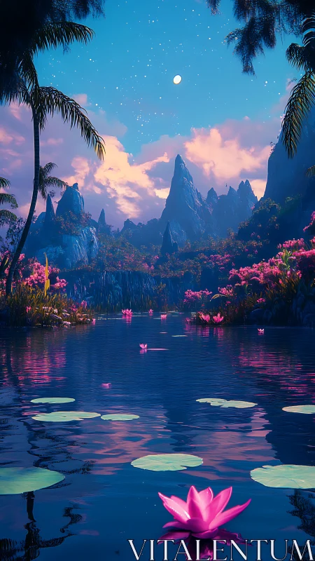 Moonlit lilies whisper across a neon dreamwater valley