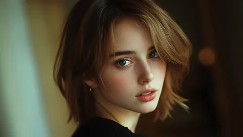 Soft-lit portrait captures introspective gaze and subtle emotion.