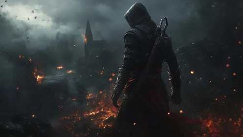 Hooded armed figure overlooking burning ruined landscape.