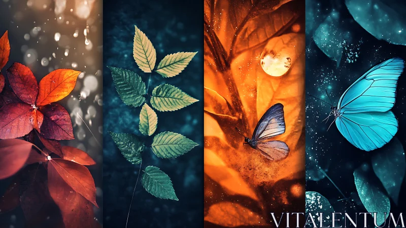 Seasonal botanical panels with luminous butterflies and bokeh.