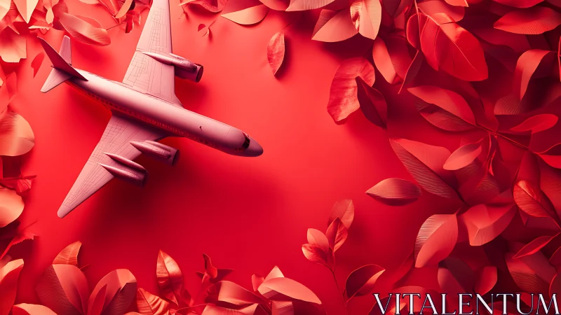 Monochrome red jetliner amid sculpted botanical foilage