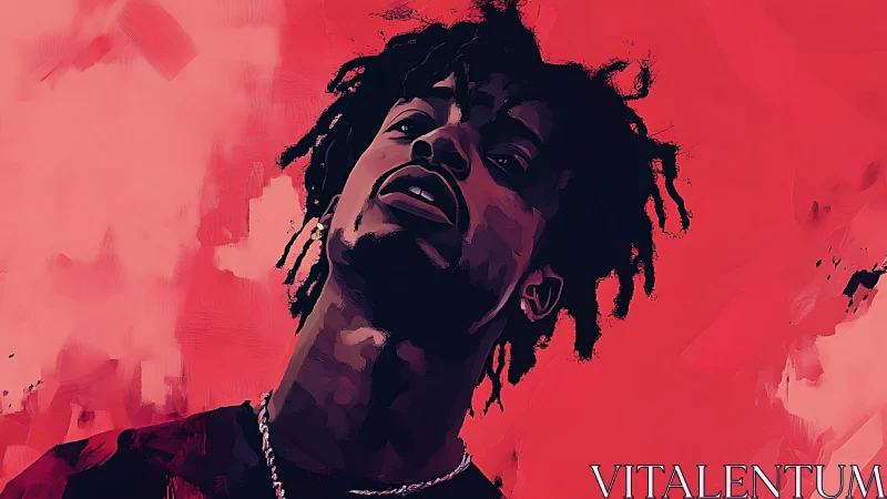 Crimson walls tilt while a cool gaze cuts through the noise