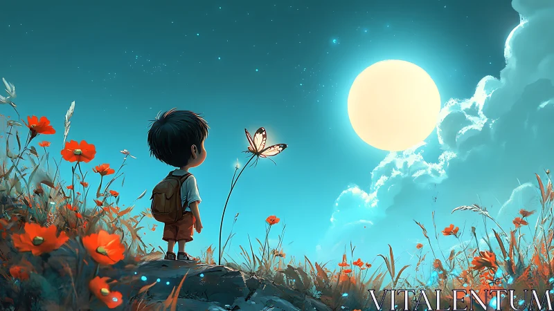 Moonlit meadow wonder with child, butterfly, and wildflowers.