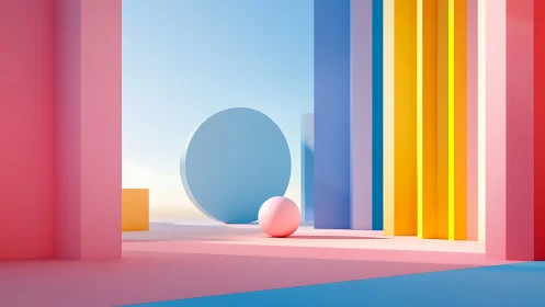 Geometric pastel architecture with spheres and vertical prisms.