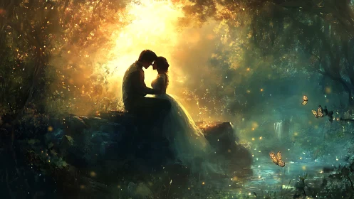 Silhouetted Couple Embracing in Luminous Forest. Magical moment amid ancient woodland, golden light 