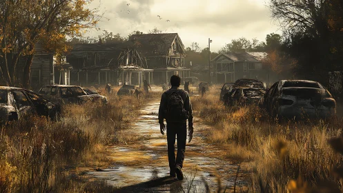 Solitary figure walks through abandoned suburban street