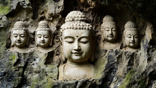 Serene Buddha stone carvings rest in a weathered cave wall
