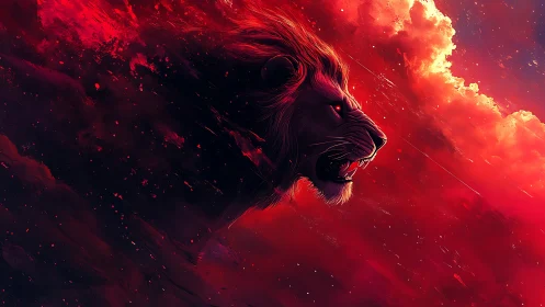 Fierce cosmic lion roars through glowing crimson nebula sky