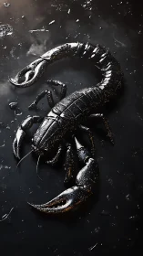 Glossy black scorpion rendered on wet dark surface.