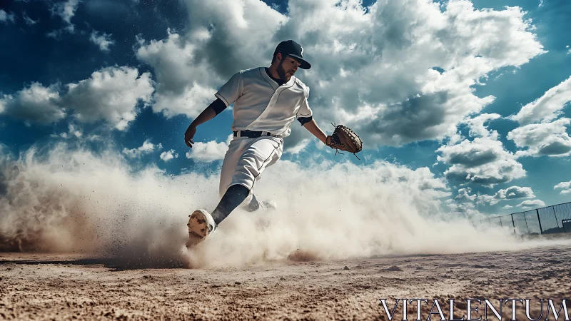 Dynamic baseball infielder sprinting through desert dust storm.