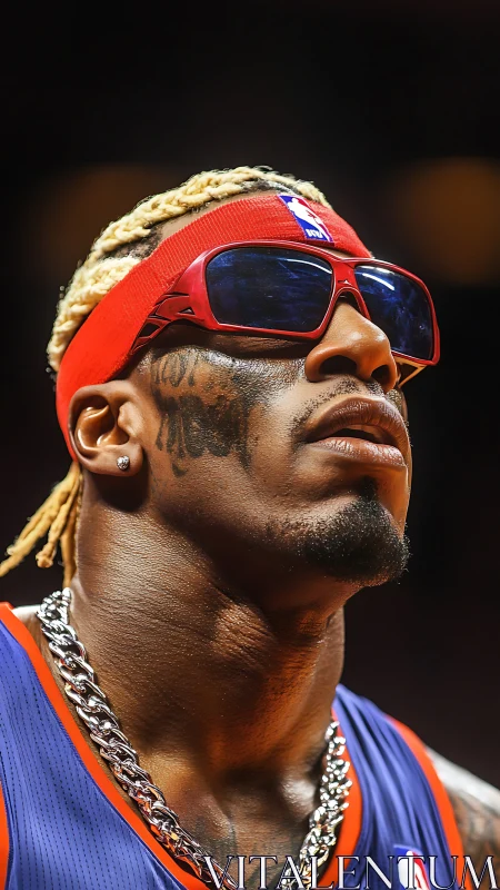 Basketball player portrait shows close cropped upward view