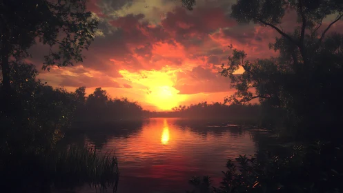 Luminous river sunset framed by dense reflective foliage.