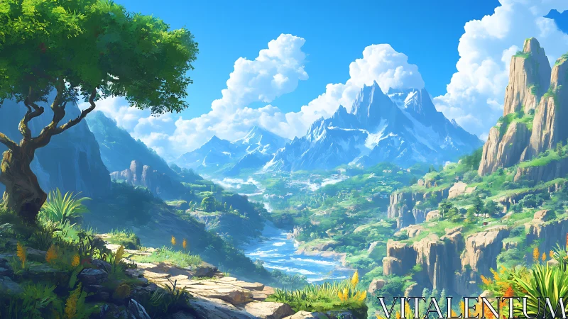 Vast emerald valley beneath towering snowlit mountains.