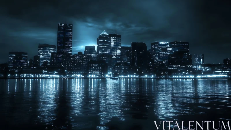 Moody blue city skyline shimmers across calm harbor waters.