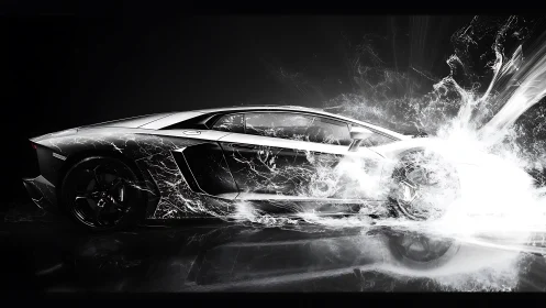 Electrified supercar profile in explosive white motion surge.