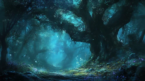 Bioluminescent Forest Cave with Ethereal Blue Light