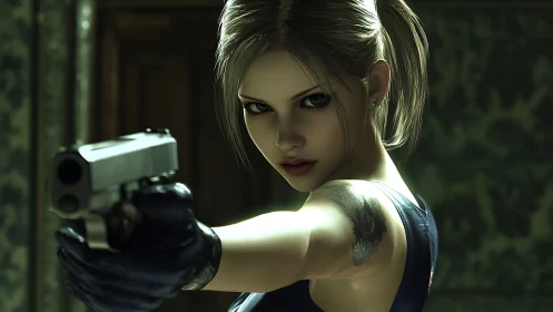 Woman holds handgun at viewer with focused confrontational stare