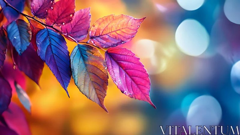 Multicolored leaves against blurred bokeh background.
