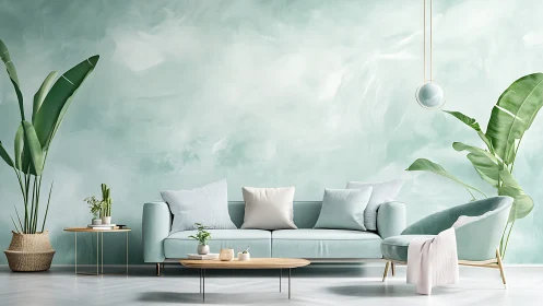 Soft-mint living room shows minimalist seating, plants and diffused light