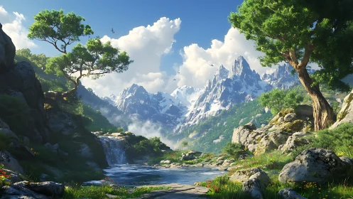 Sunlit alpine river dreams beneath towering crystal peaks.