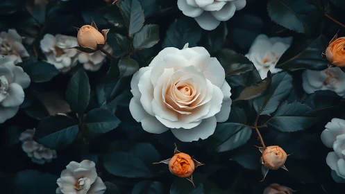 Peach Rose Garden: Luminous Blooms in Midnight Foliage.