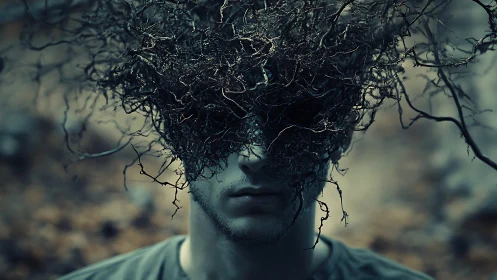 Man with tangled branches obscuring face in moody forest