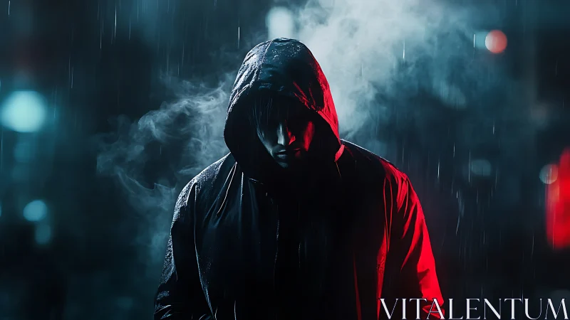 Shadowed hooded figure in neon rain with cinematic glow.