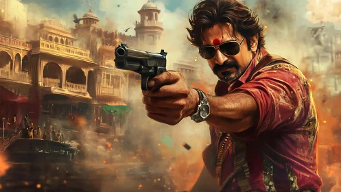 Dynamic action portrait with pistol, depth-of-field and warm haze