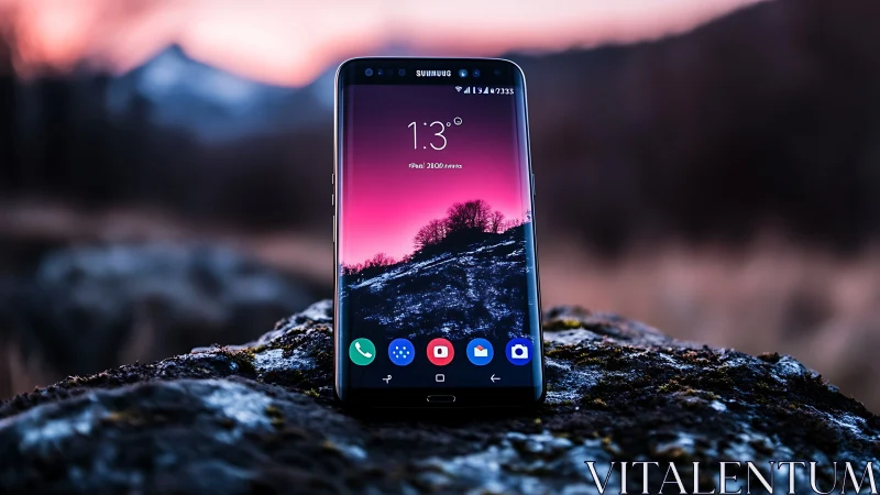 Samsung smartphone positioned on textured rock surface outdoors.