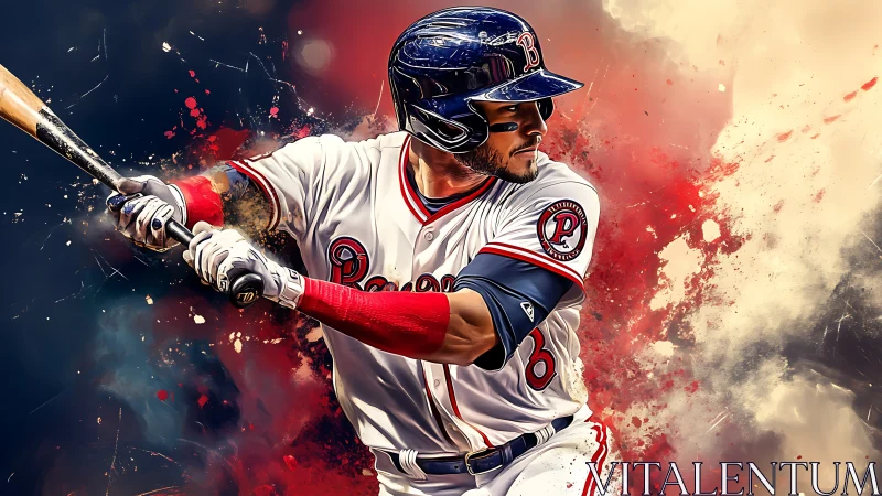 Baseball batter in mid swing with red and blue splatter background.