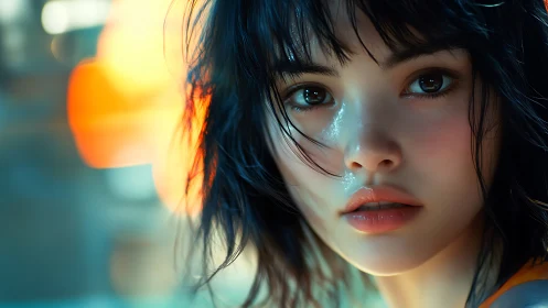 Citylights breathe across her luminous, hyperreal gaze