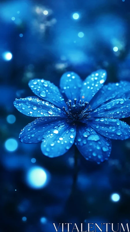 Blue Flower with Dewdrops Under Bokeh Lights.