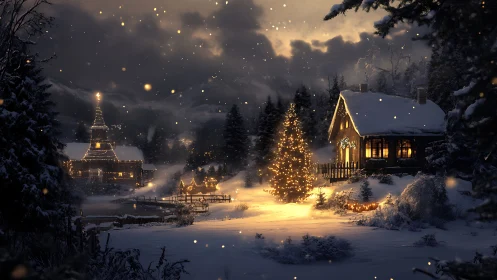 Nocturnal alpine village with luminous festive illumination.